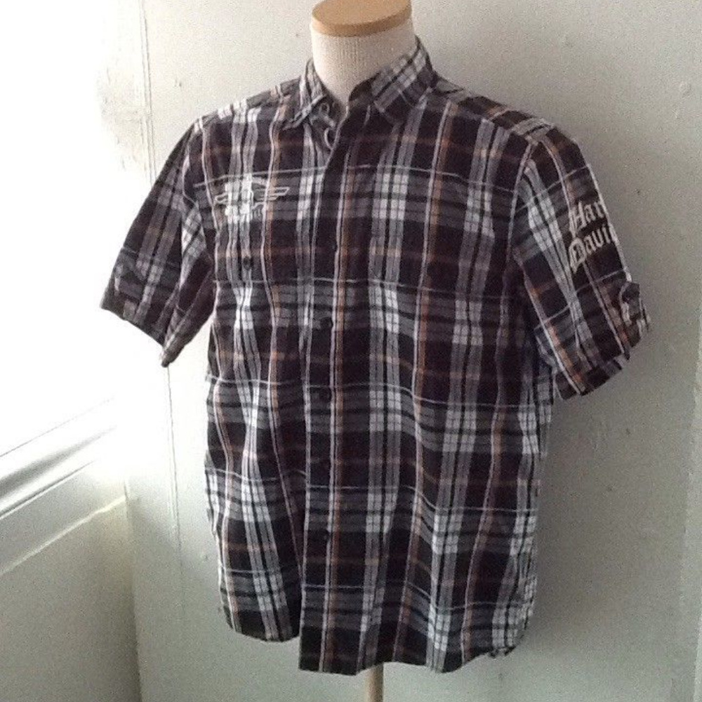 Harley Davidson Black Orange White Plaid Button Fr